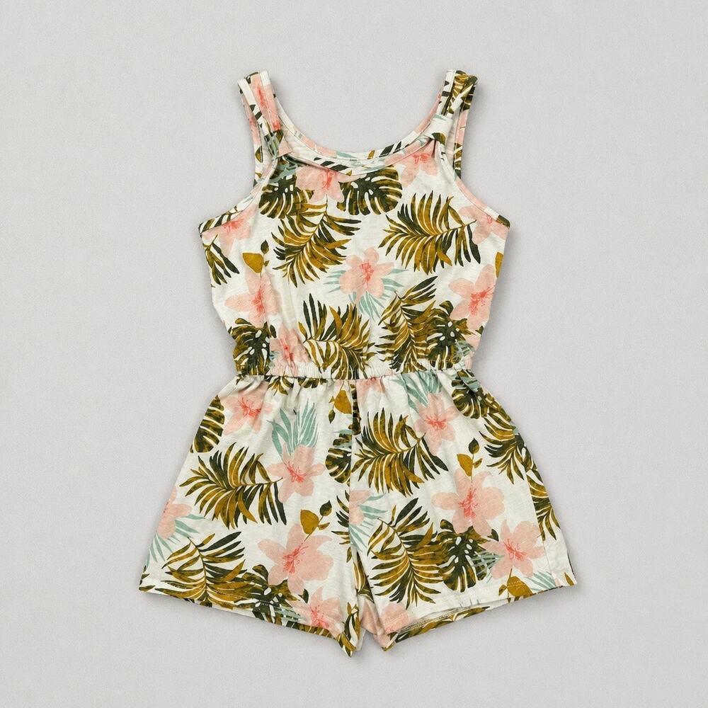 SO Girl's Cream Floral Palm Hibiscus Romper Sz L 10/12 Tropical Beachy Summer
